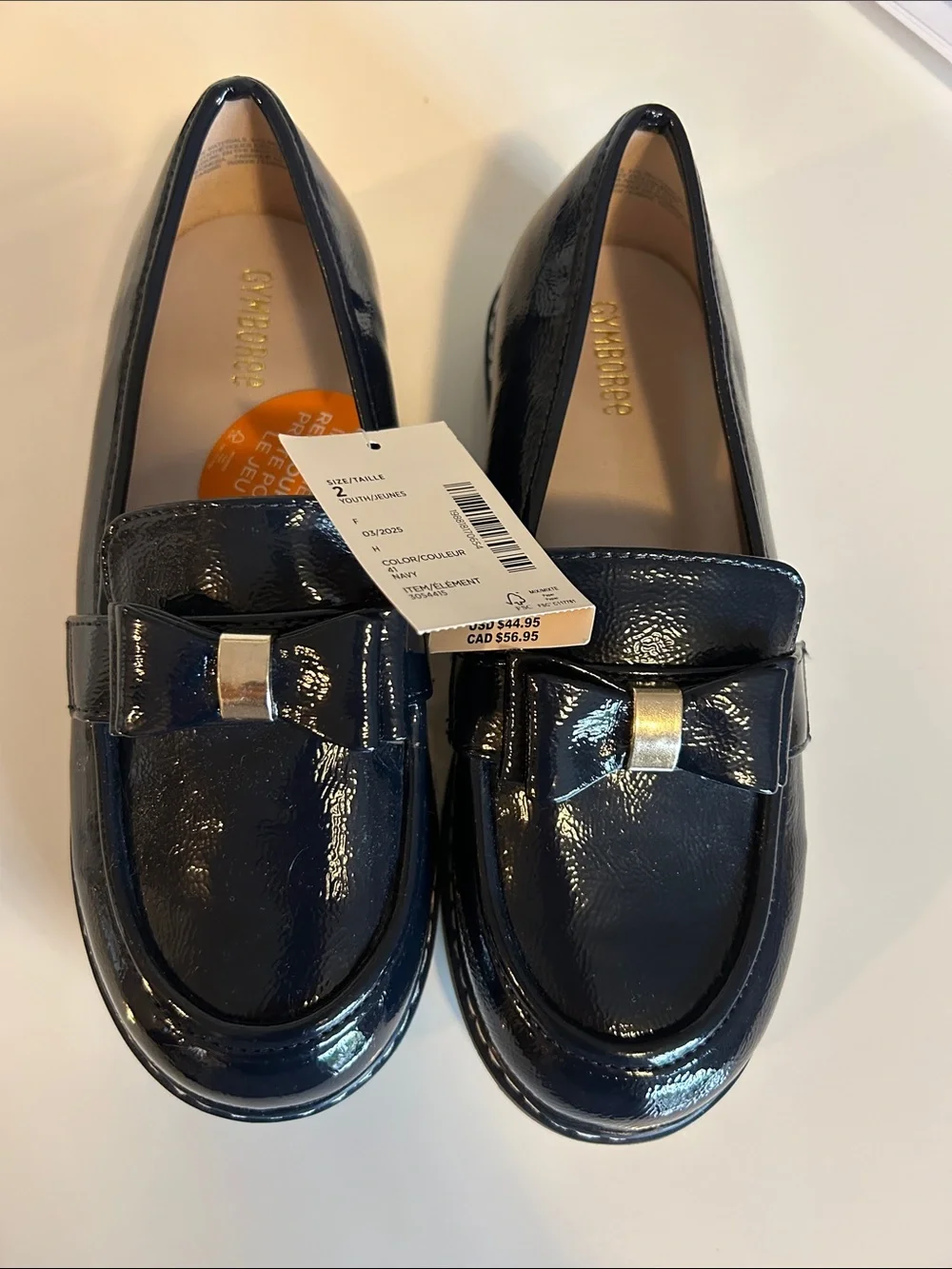 Gymboree Girls' Navy Patent Bow Loafers size 2 with gold bow detail
